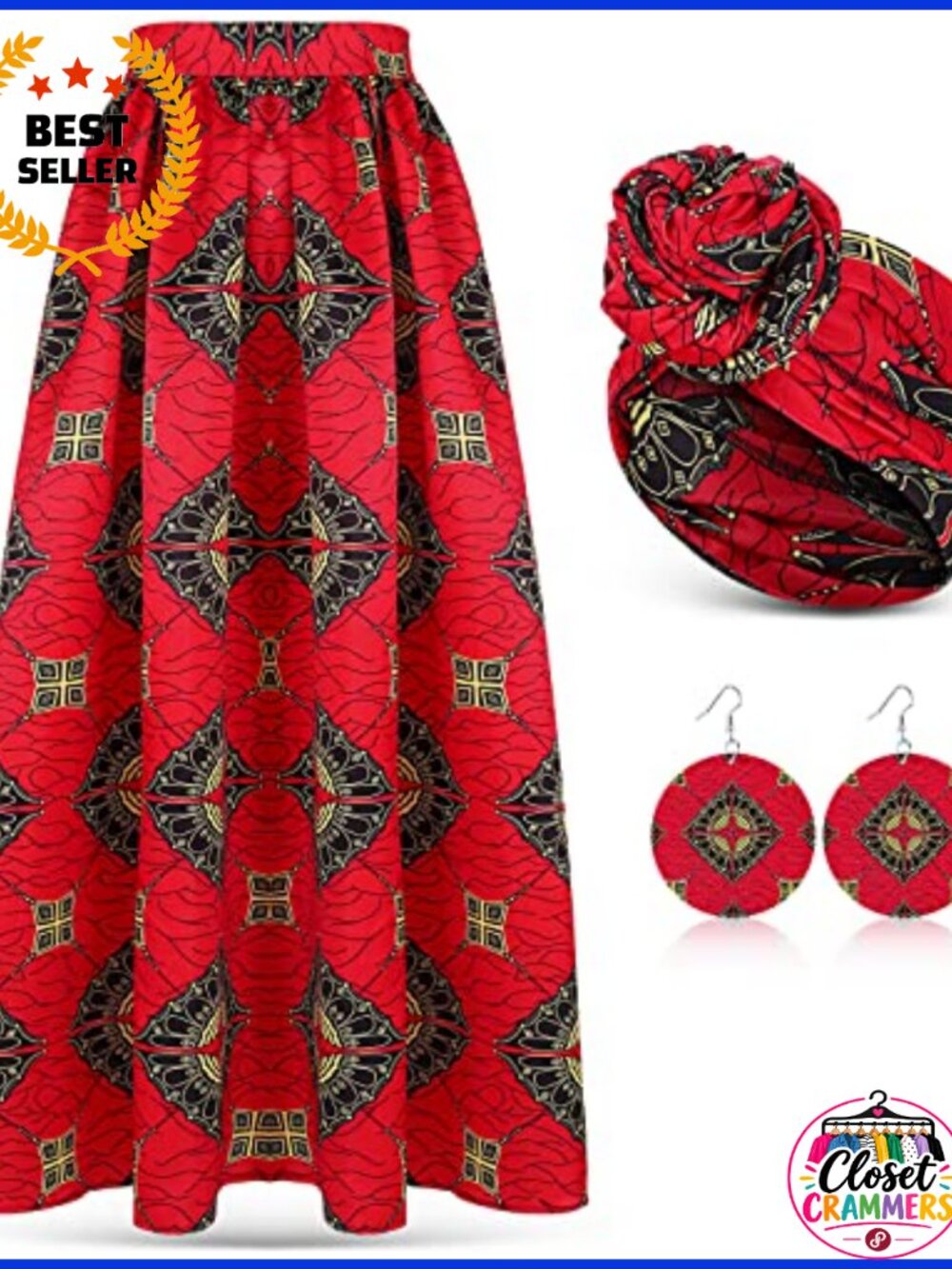 3 Pc African Print Maxi Skirt Set with Head Wrap & Earrings